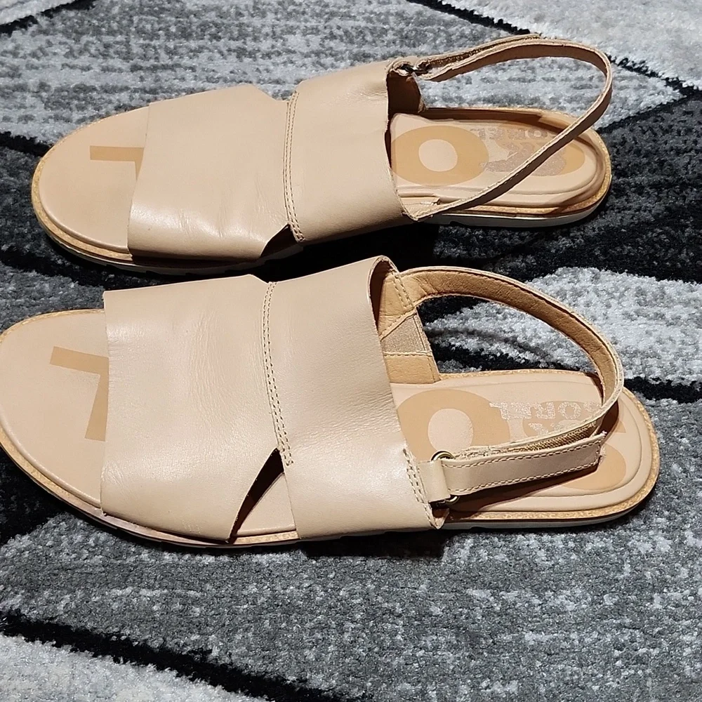 SOREL ELLA II BEIGE SEA SALT LEATHER  SLINGBACK FLAT SANDALS SIZE US 9